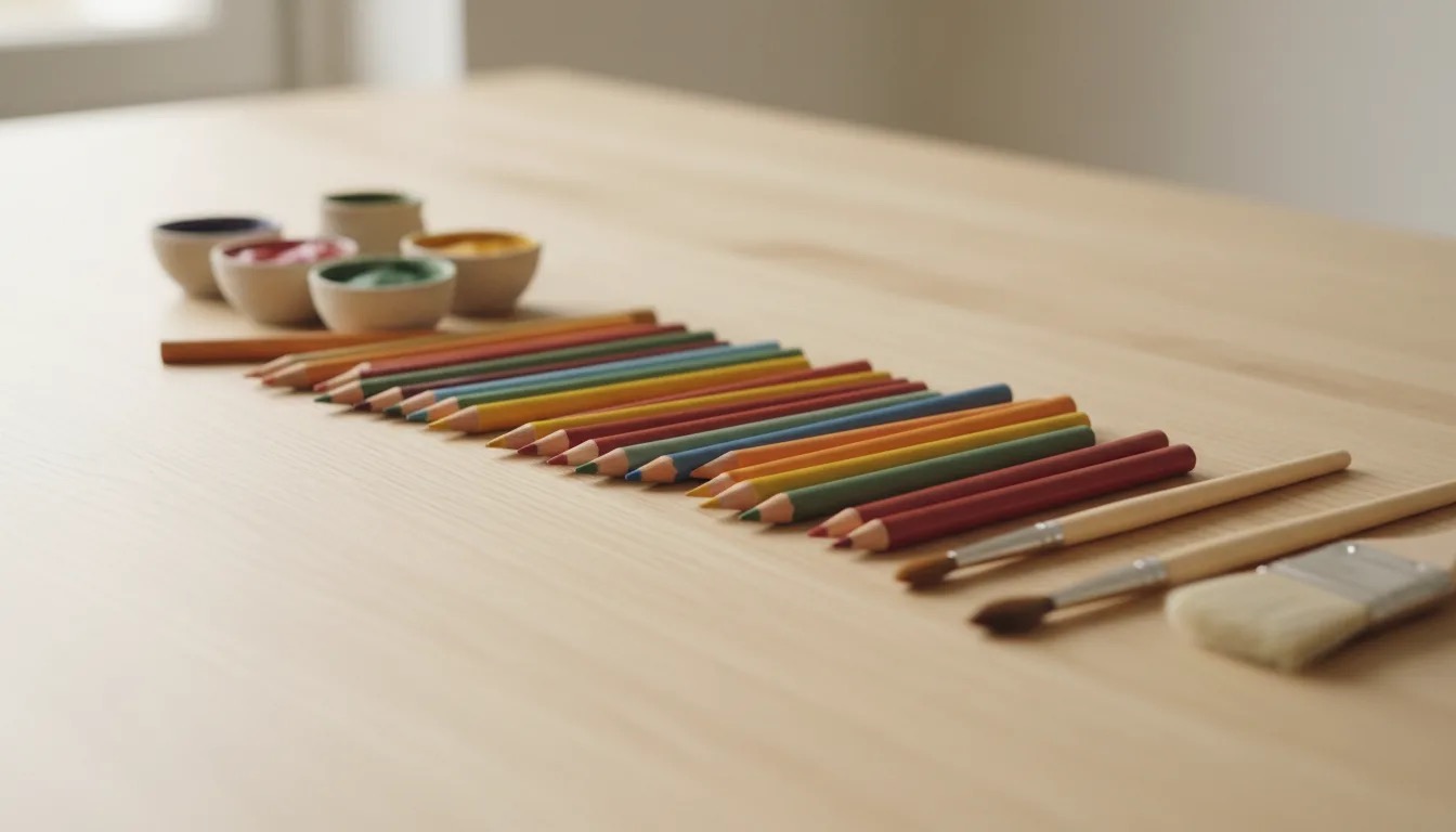 Coloured pencils and art supplies on a wooden surface