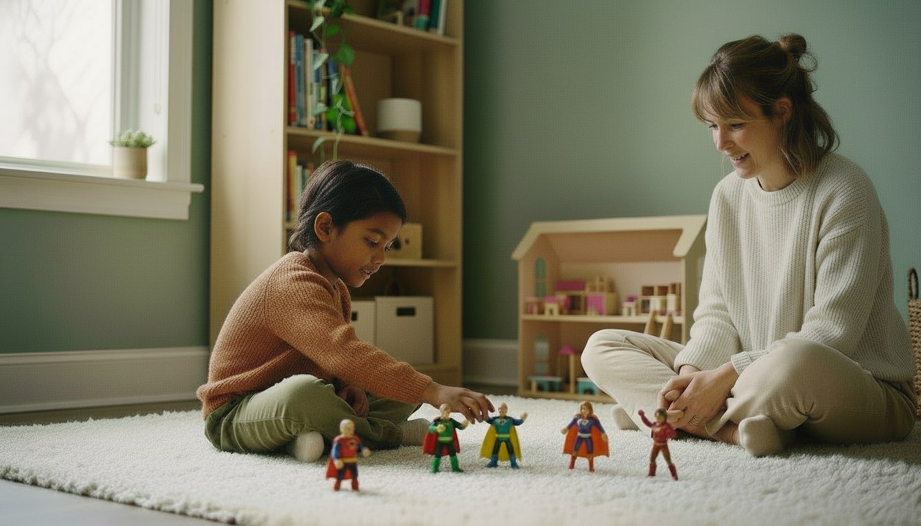 Child and therapist playing with super-hero figurines on the floor
