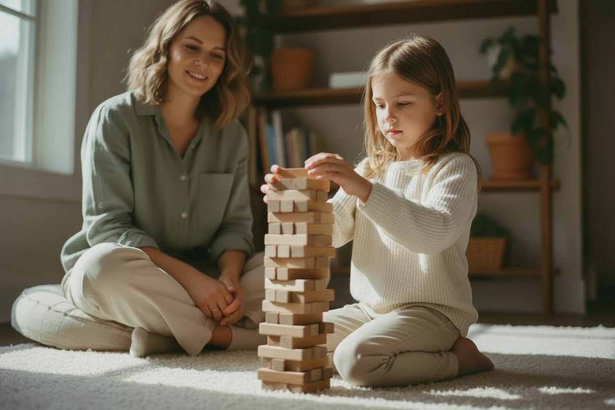 Child confidently building a wooden block tower while an adult watches nearby