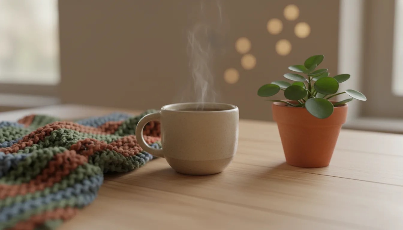 A warm mug of tea beside a small plant on a wooden table