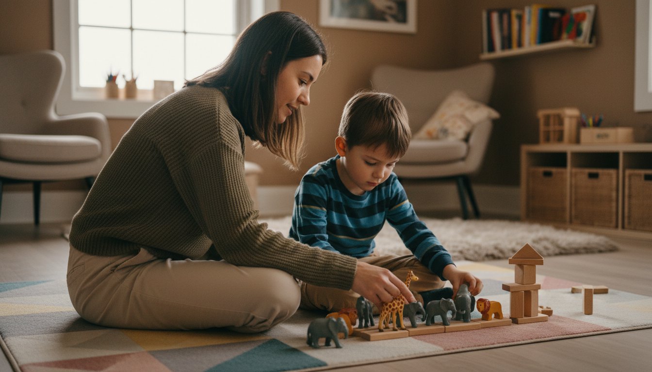 Child and therapist playing with wooden animal figurines on the floor