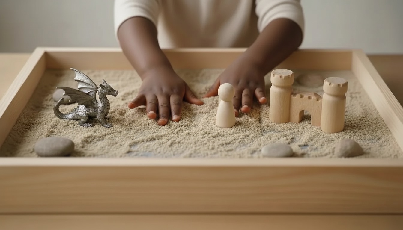 Child&rsquo;s hands in a sand play tray with wooden figurines