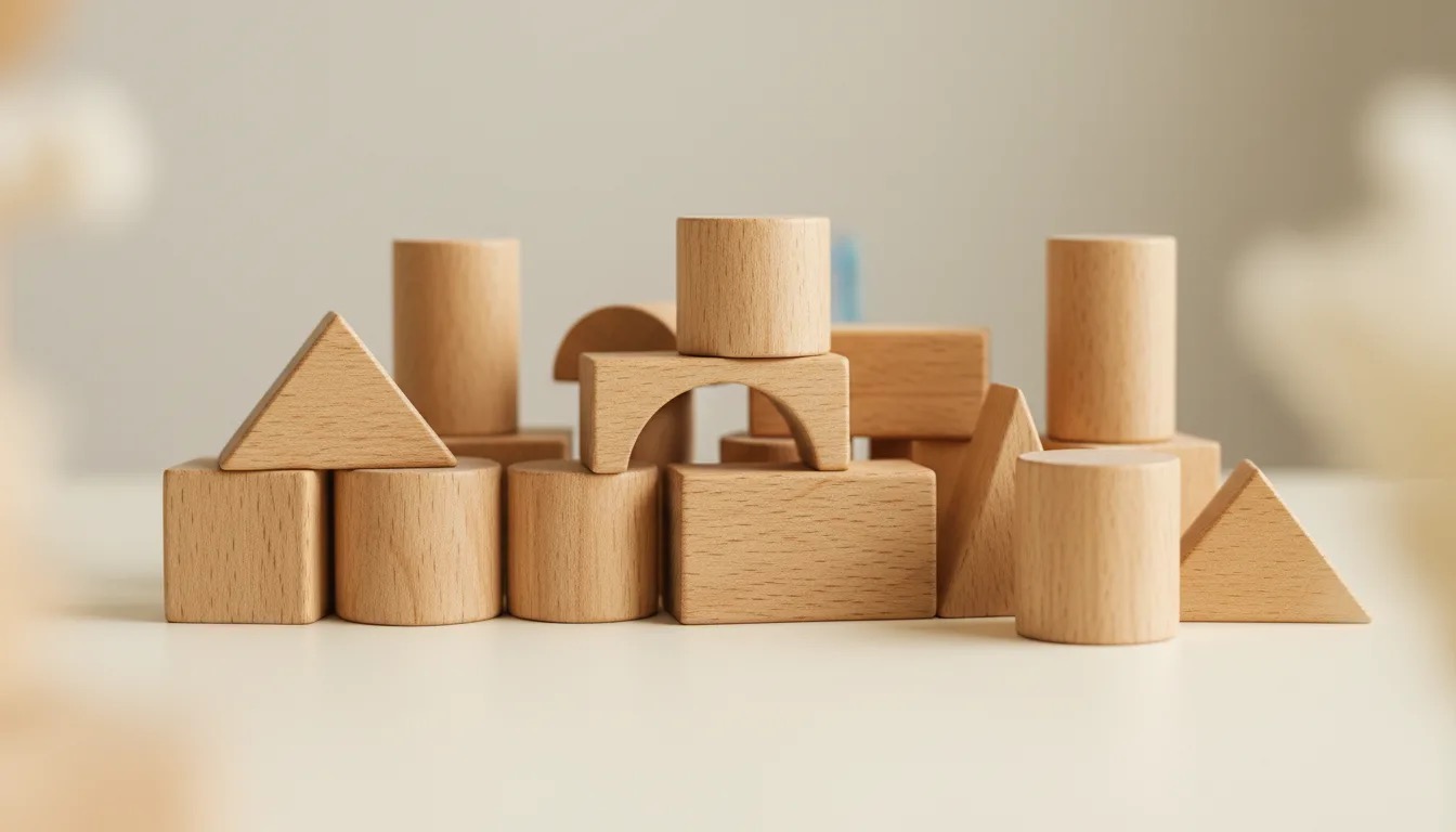 A pile of wooden blocks in various shapes